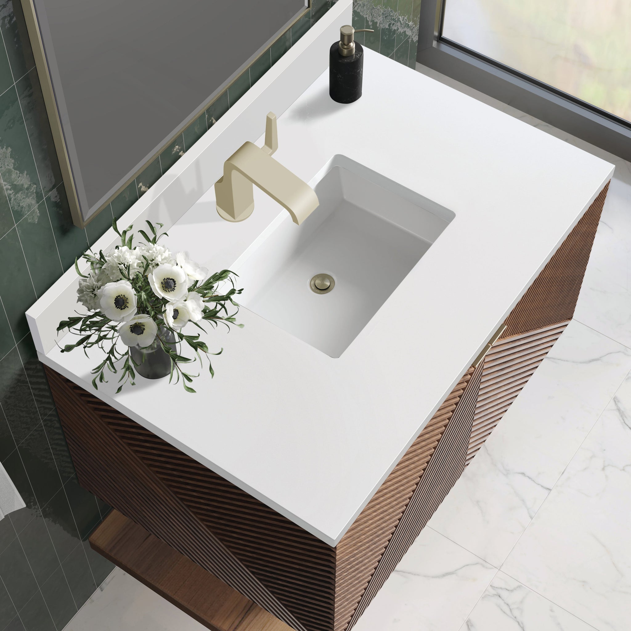 James Martin Marcello 36" Floating Single Bathroom Vanity, Chestnut with White Zeus (Single Hole, with Backsplash) countertop