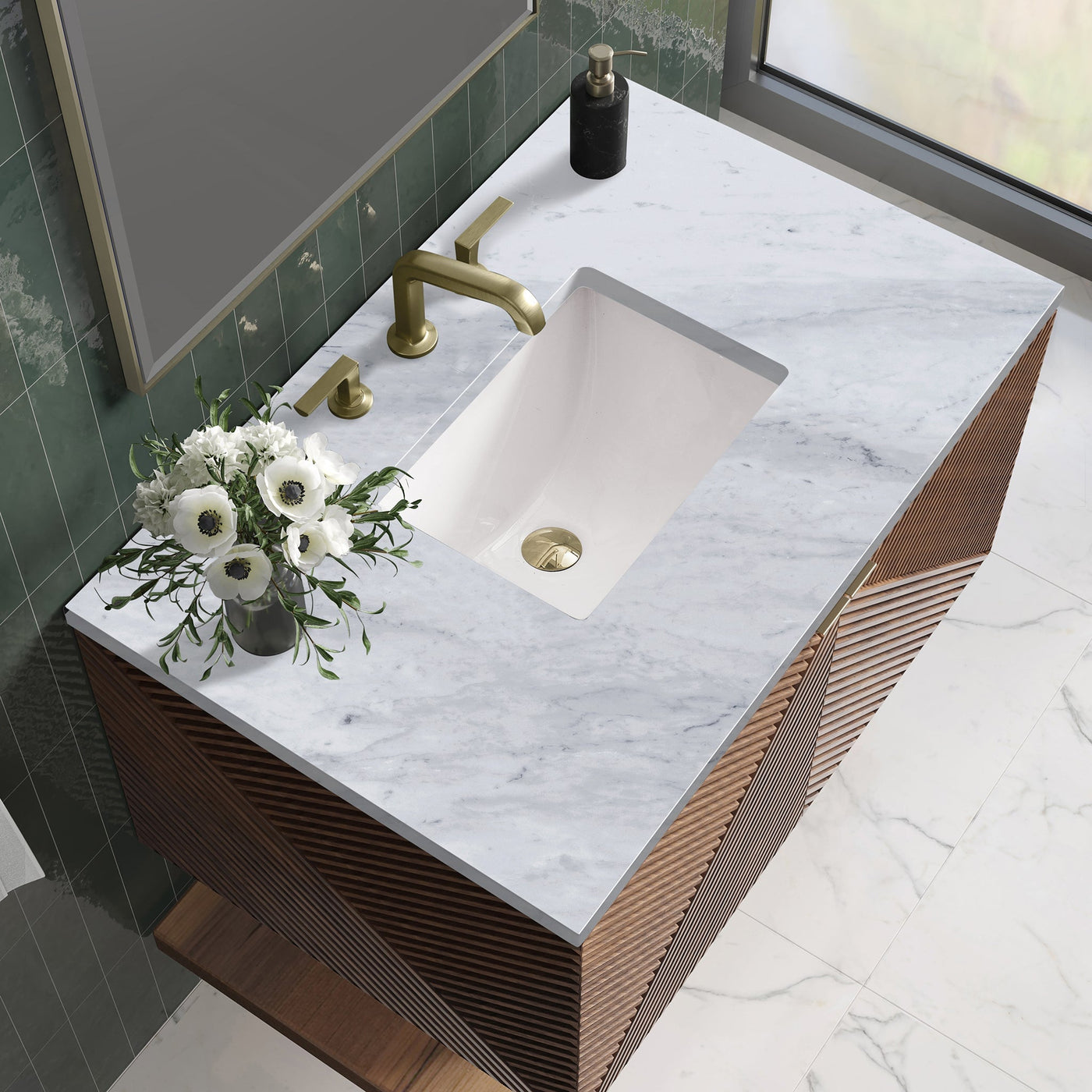 James Martin Marcello 36" Floating Single Bathroom Vanity, Chestnut with Carrara White countertop