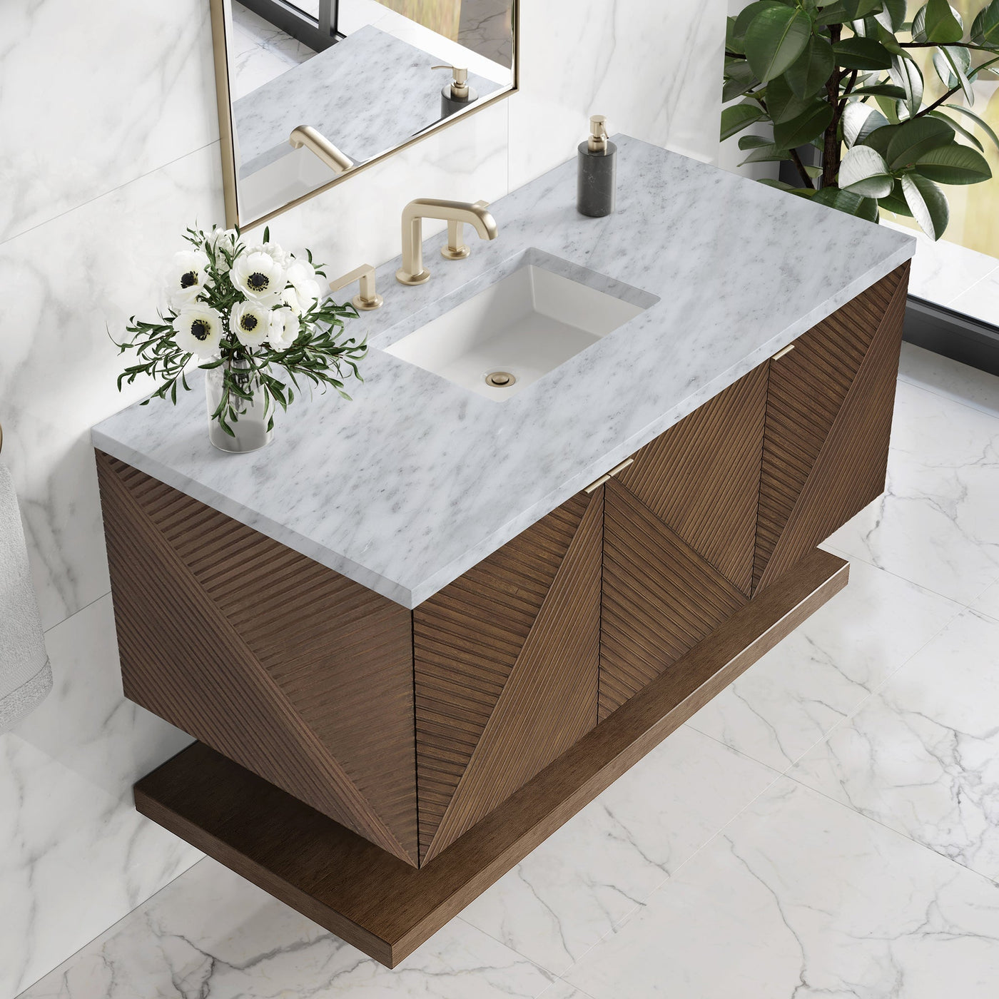 James Martin Marcello 48" Floating Single Bathroom Vanity, Chestnut with Carrara White countertop