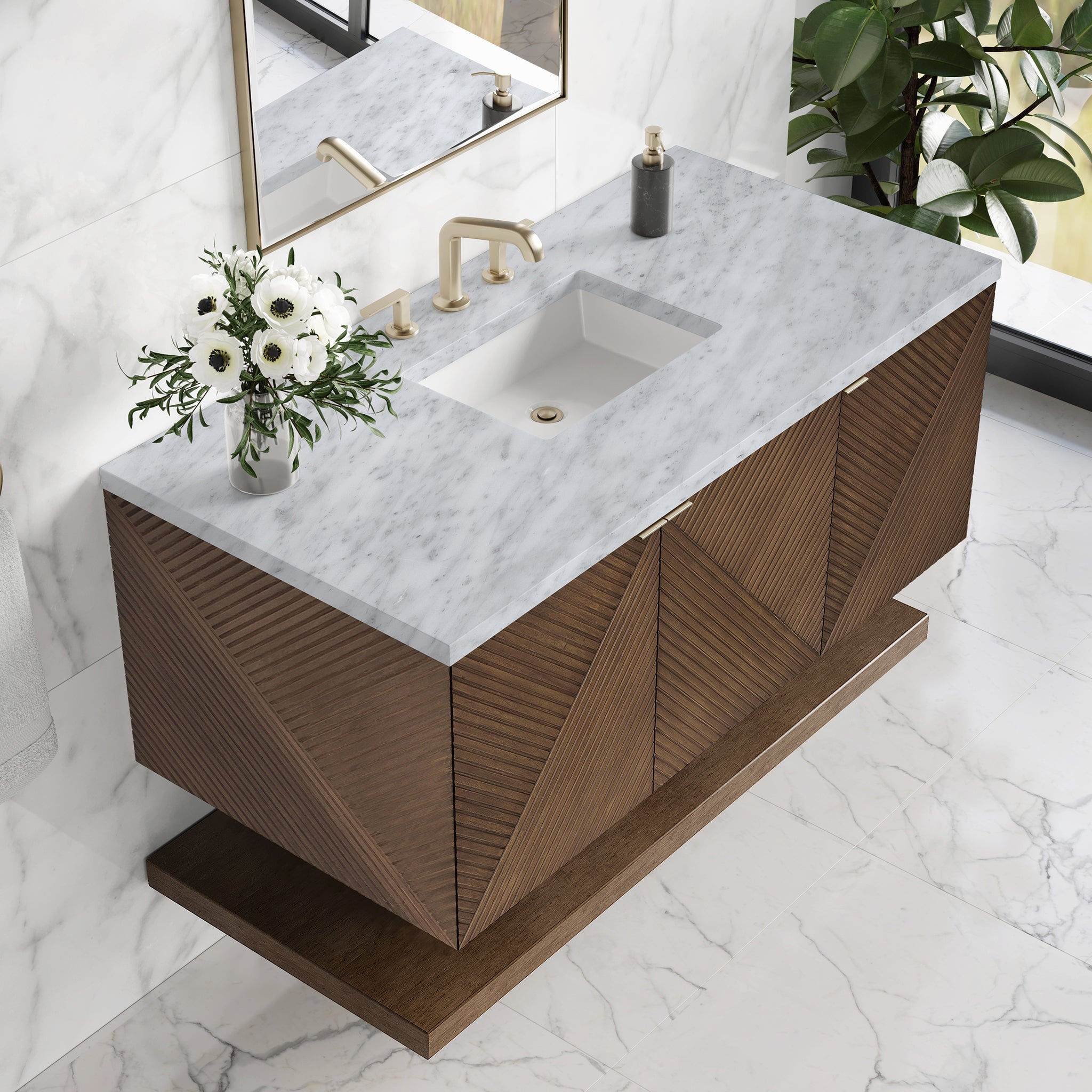 James Martin Marcello 48" Floating Single Bathroom Vanity, Chestnut with Carrara White countertop