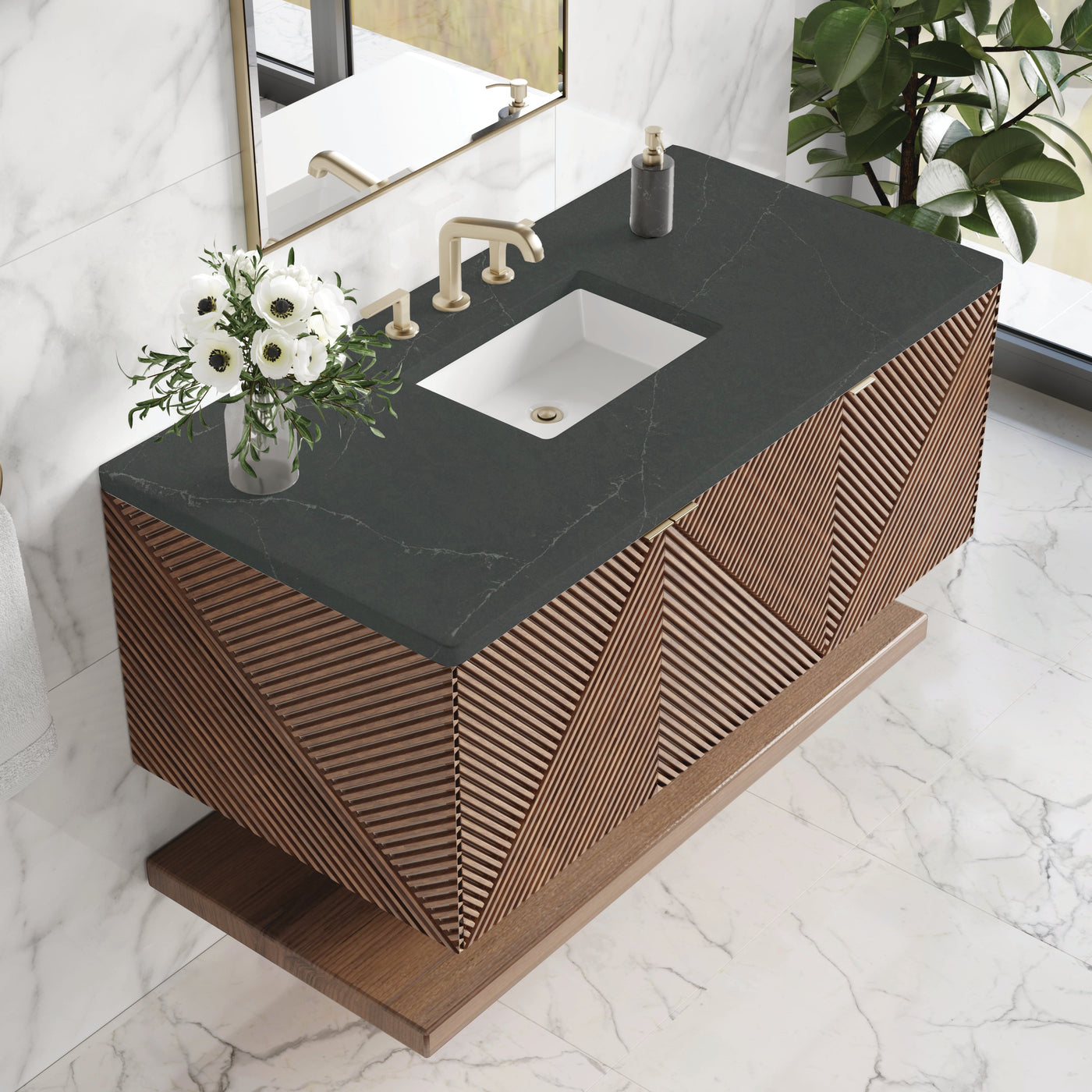 James Martin Marcello 48" Floating Single Bathroom Vanity, Chestnut with Charcoal Soapstone countertop