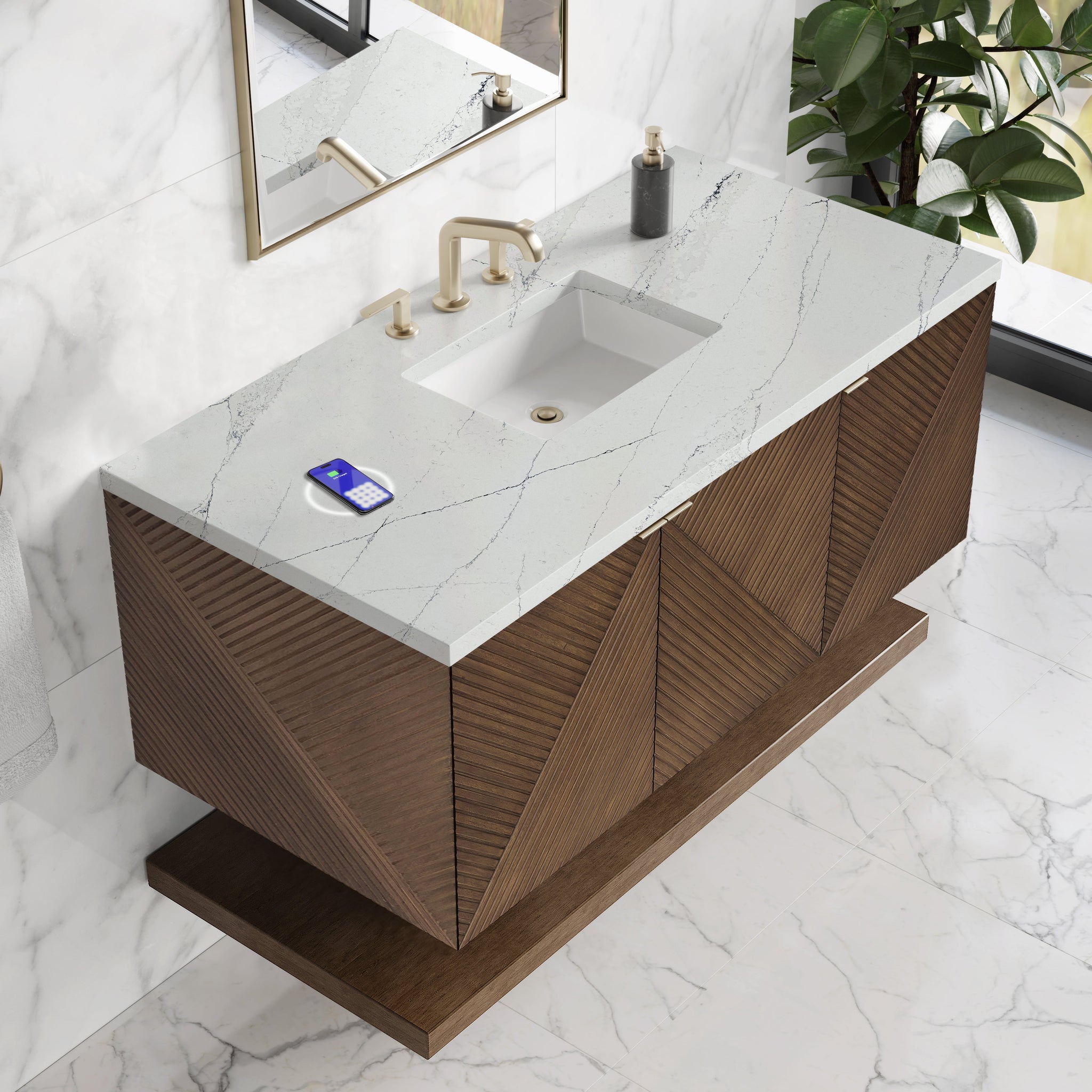 James Martin Marcello 48" Floating Single Bathroom Vanity, Chestnut with Ethereal Noctis (FreePower) countertop