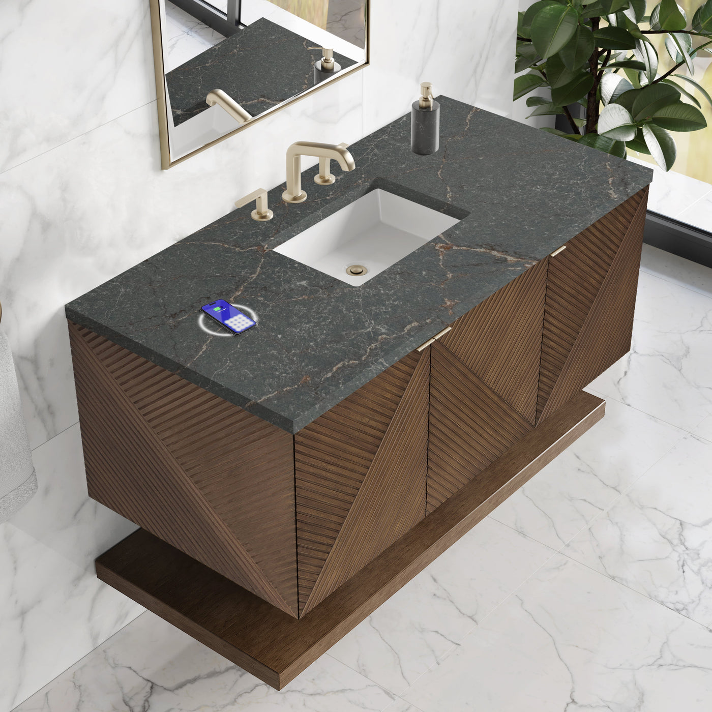 James Martin Marcello 48" Floating Single Bathroom Vanity, Chestnut with Parisien Bleu (FreePower) countertop