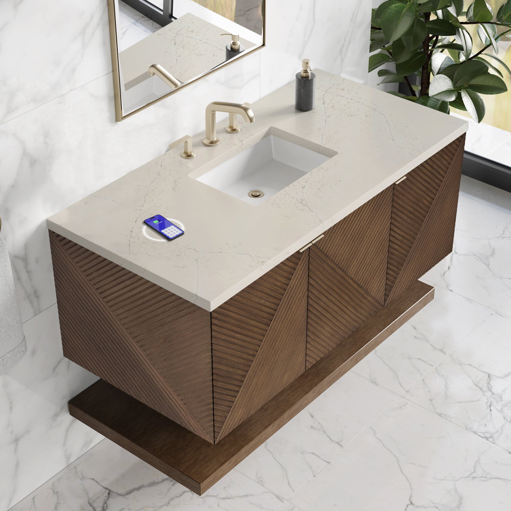 James Martin Marcello 48" Floating Single Bathroom Vanity, Chestnut with Siberian (FreePower) countertop