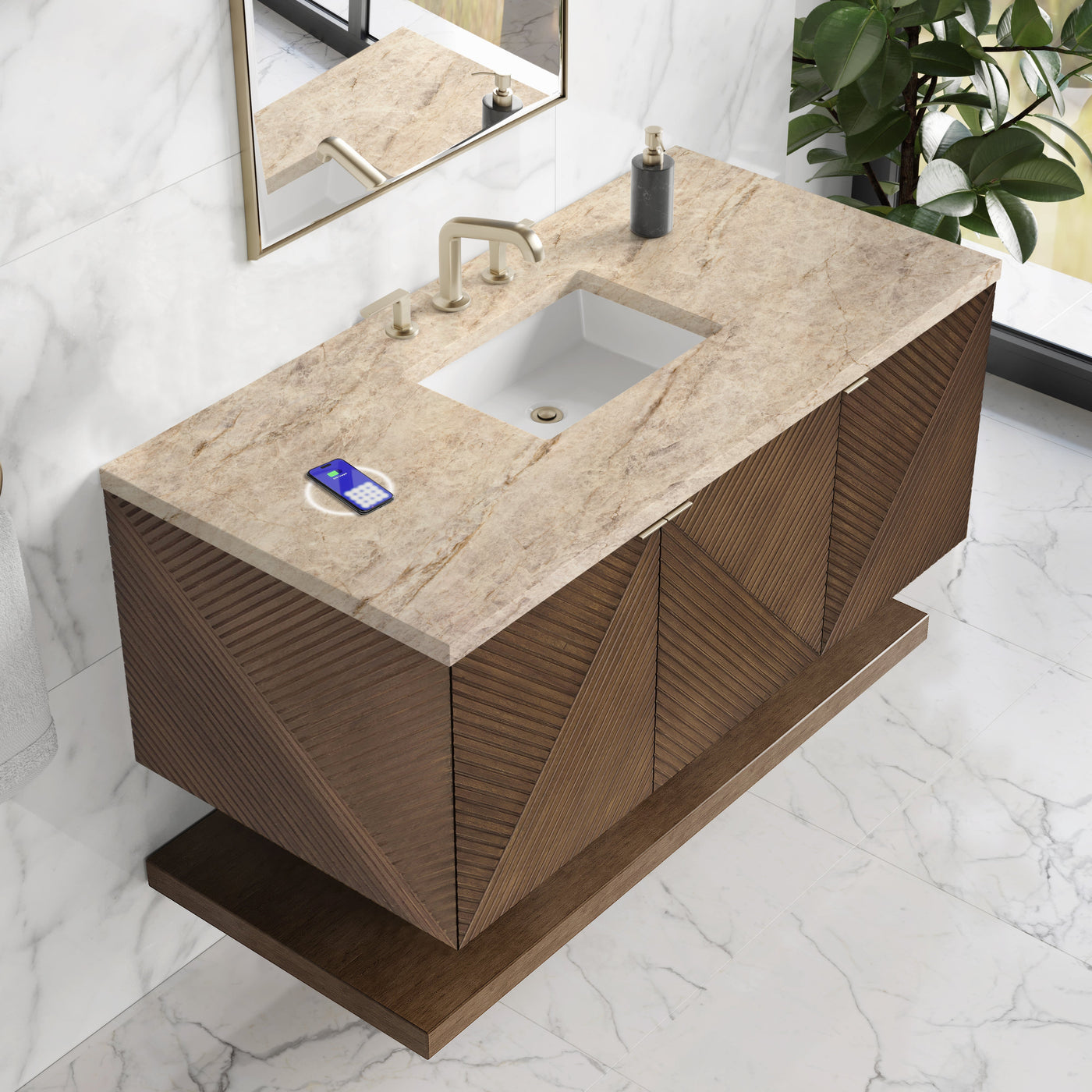 James Martin Marcello 48" Floating Single Bathroom Vanity, Chestnut with Tajnar (FreePower) countertop