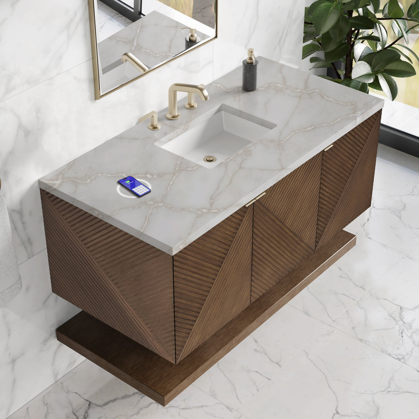 James Martin Marcello 48" Floating Single Bathroom Vanity, Chestnut with Victorian Silver (FreePower) countertop