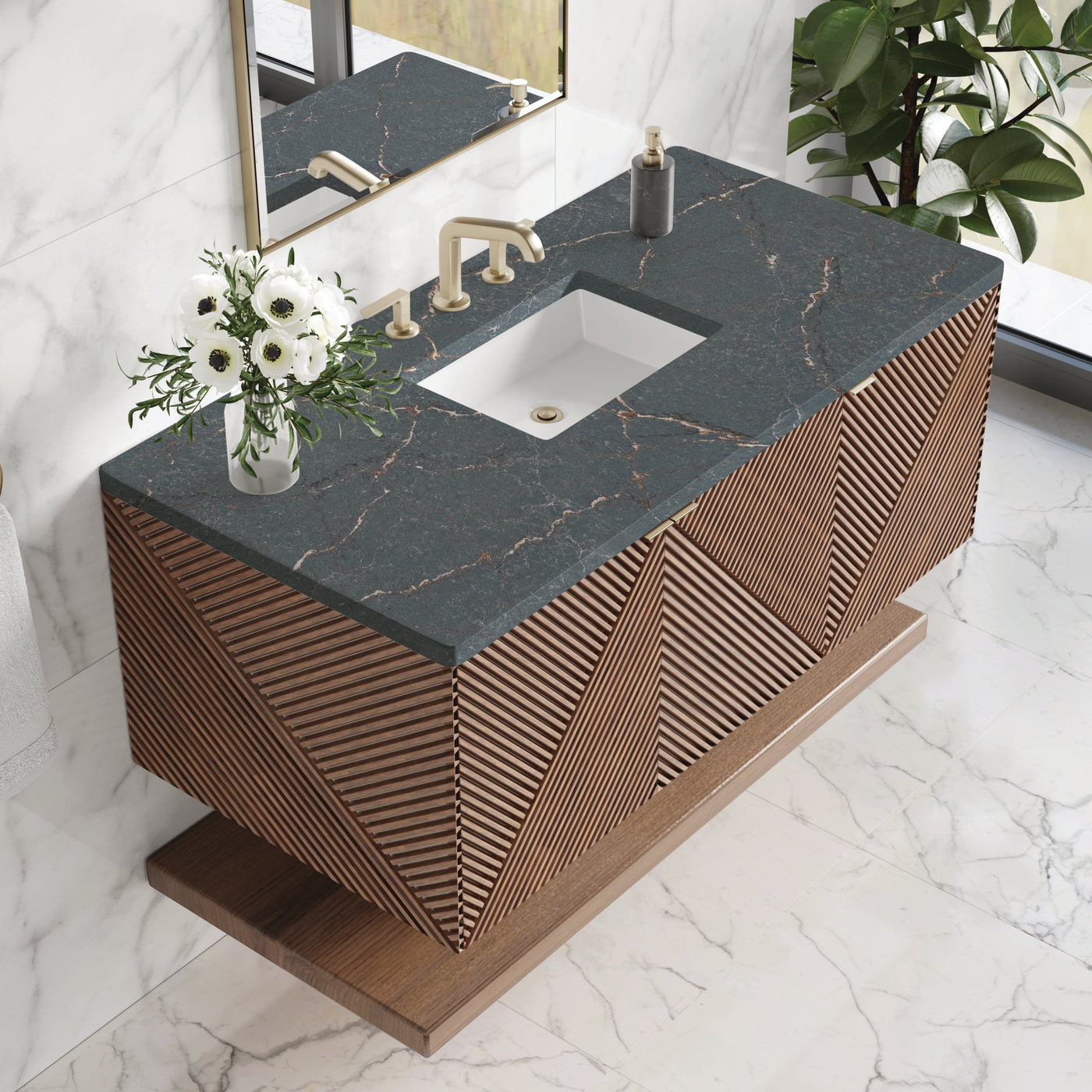 James Martin Marcello 48" Floating Single Bathroom Vanity, Chestnut with Parisien Bleu countertop
