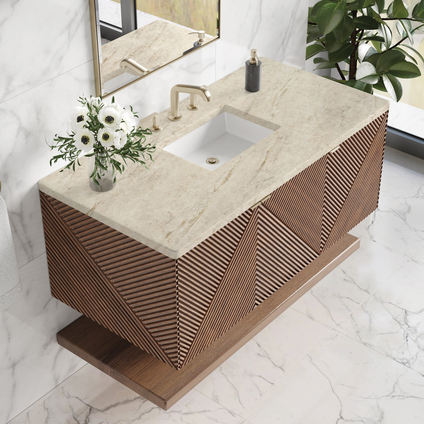 James Martin Marcello 48" Floating Single Bathroom Vanity, Chestnut with Tajnar countertop
