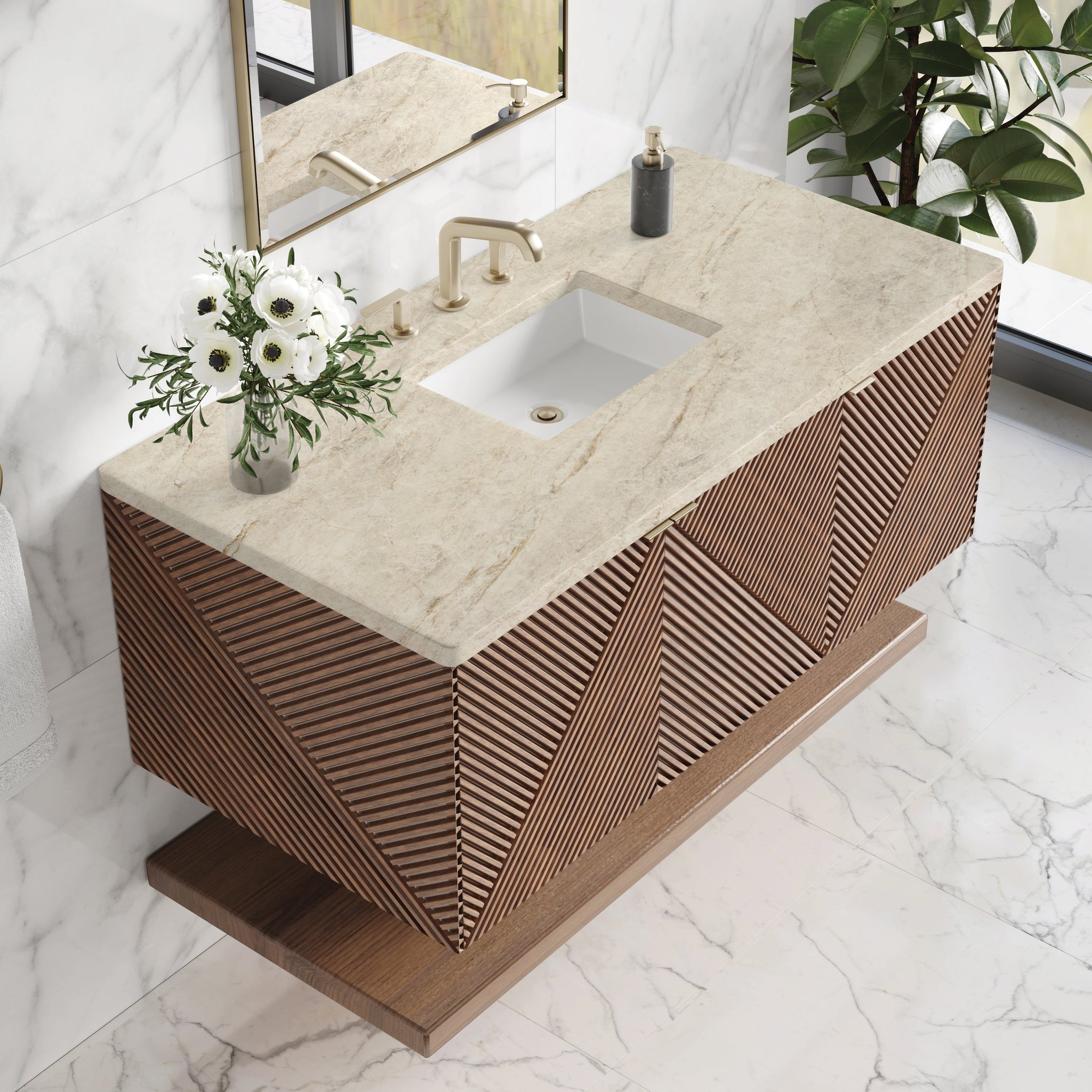 James Martin Marcello 48" Floating Single Bathroom Vanity, Chestnut with Tajnar countertop