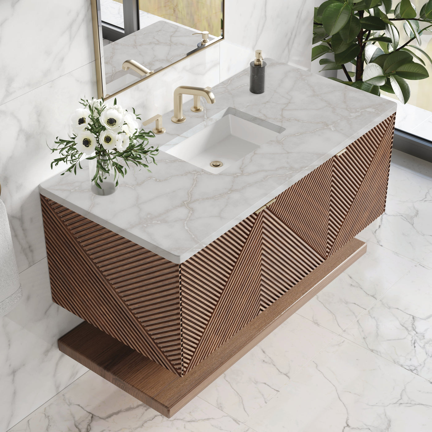 James Martin Marcello 48" Floating Single Bathroom Vanity, Chestnut with Victorian Silver countertop
