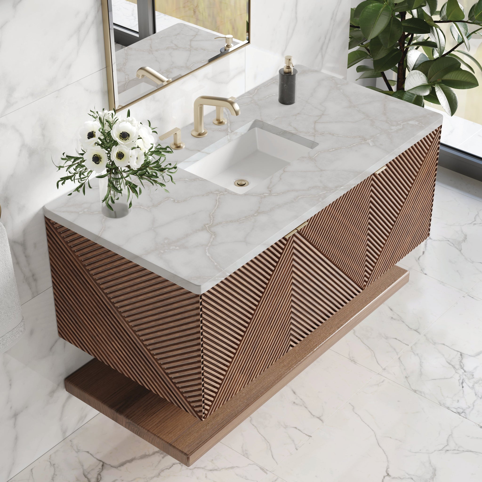 James Martin Marcello 48" Floating Single Bathroom Vanity, Chestnut with Victorian Silver countertop