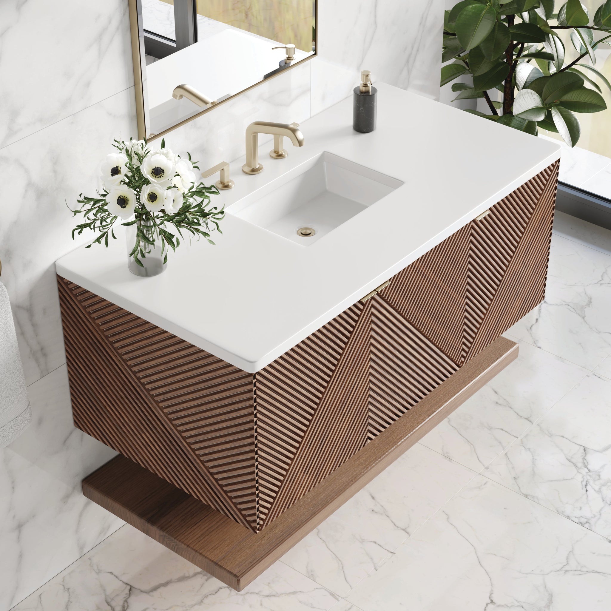 James Martin Marcello 48" Floating Single Bathroom Vanity, Chestnut with White Zeus countertop