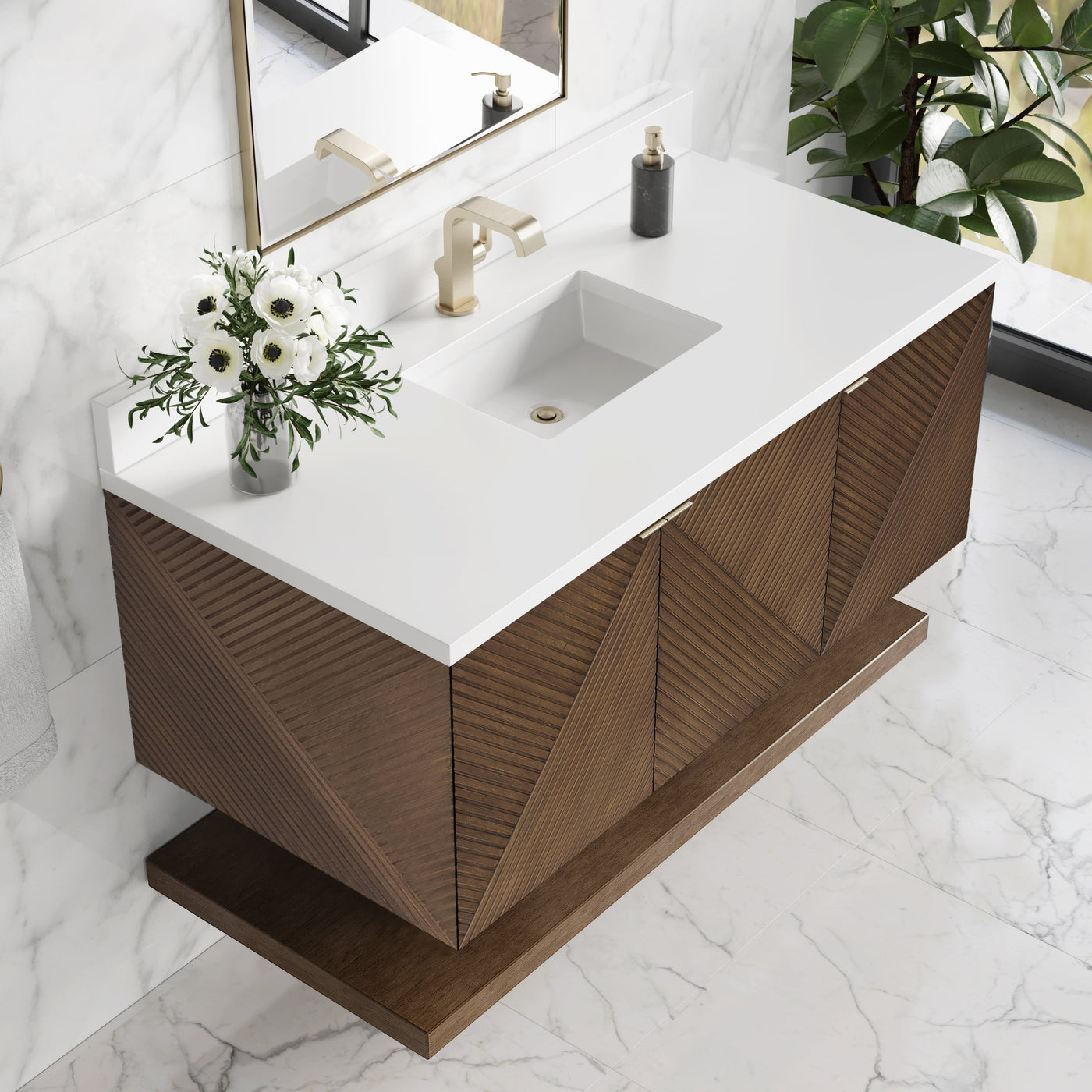 James Martin Marcello 48" Floating Single Bathroom Vanity, Chestnut with White Zeus (Single Hole, with Backsplash) countertop
