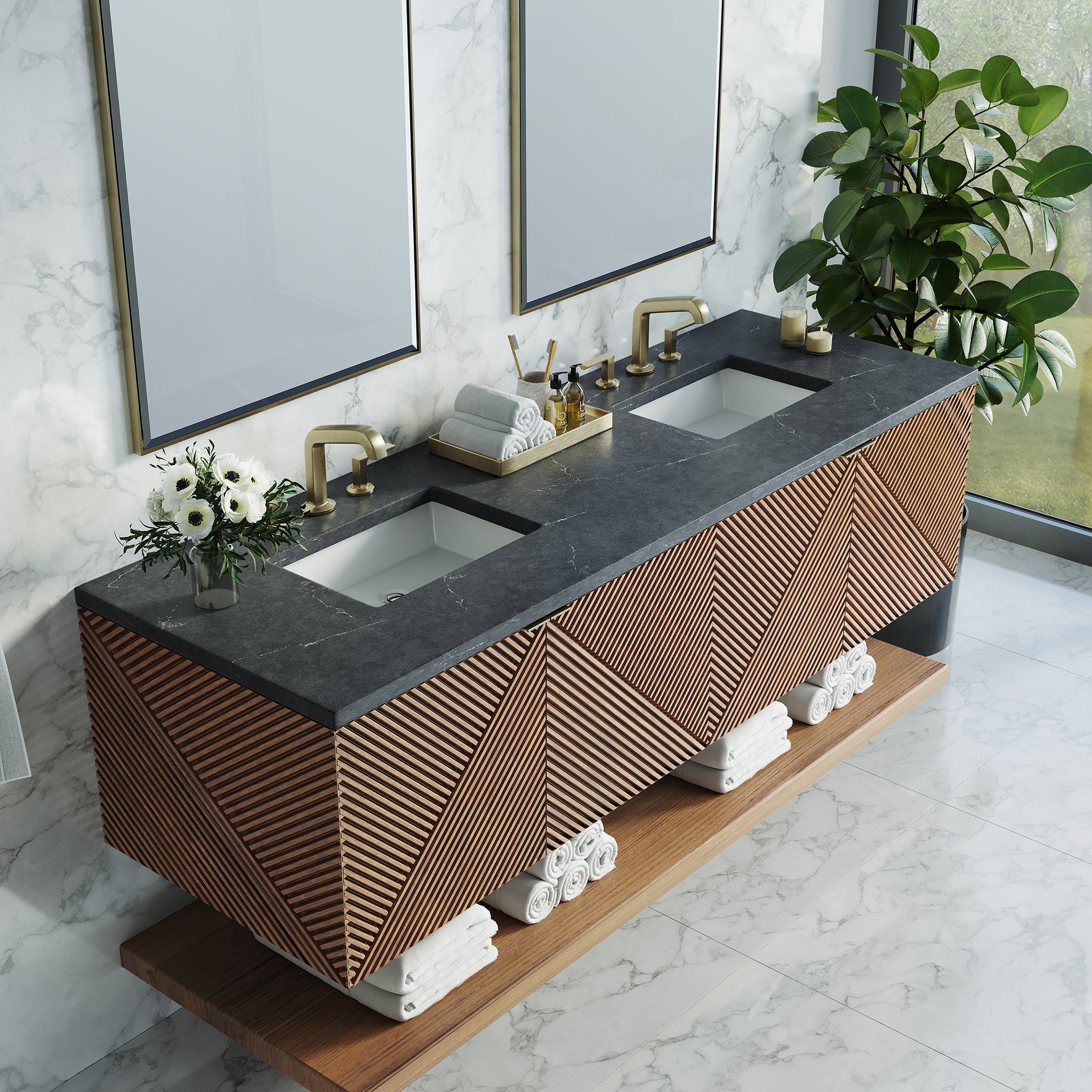 James Martin Marcello 72" Floating Double Bathroom Vanity, Chestnut with Charcoal Soapstone countertop