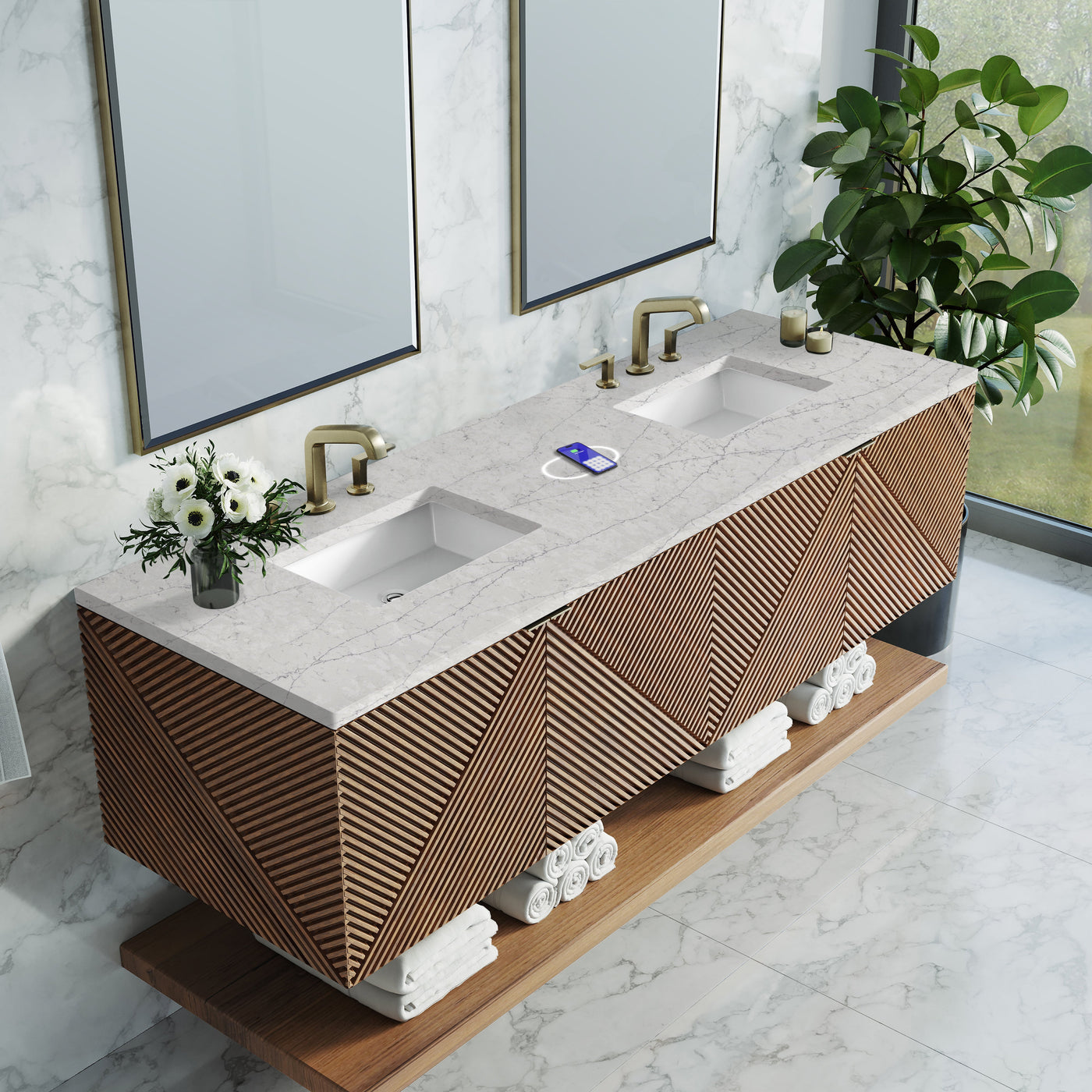 James Martin Marcello 72" Floating Double Bathroom Vanity, Chestnut with Eternal Jasmine Pearl (FreePower) countertop
