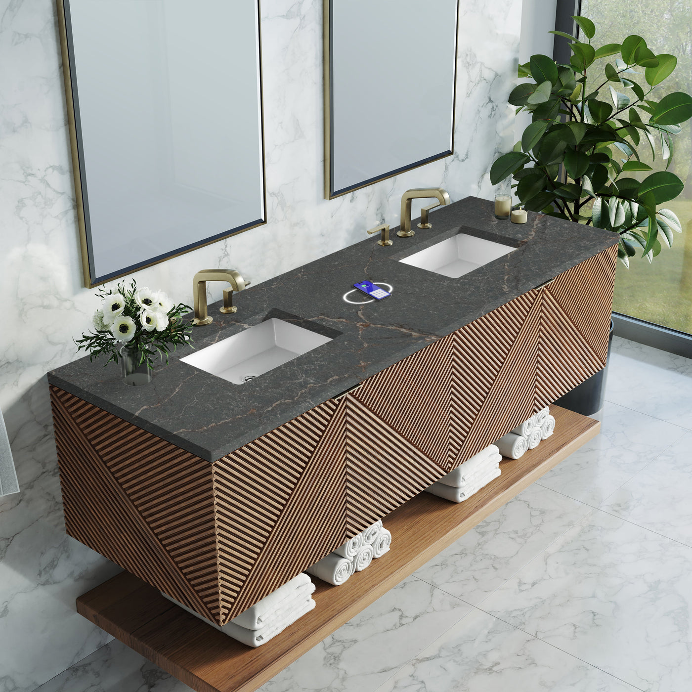 James Martin Marcello 72" Floating Double Bathroom Vanity, Chestnut with Parisien Bleu (FreePower) countertop