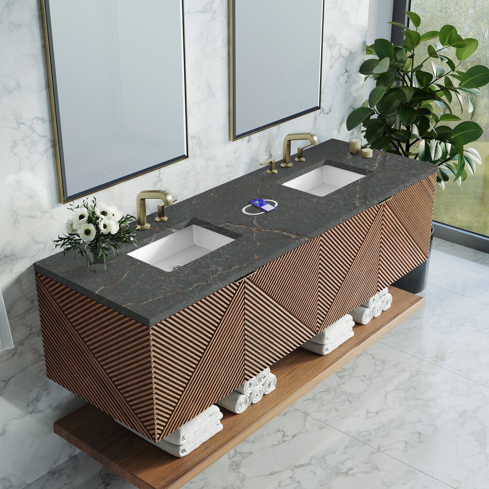 James Martin Marcello 72" Floating Double Bathroom Vanity, Chestnut with Parisien Bleu (FreePower) countertop