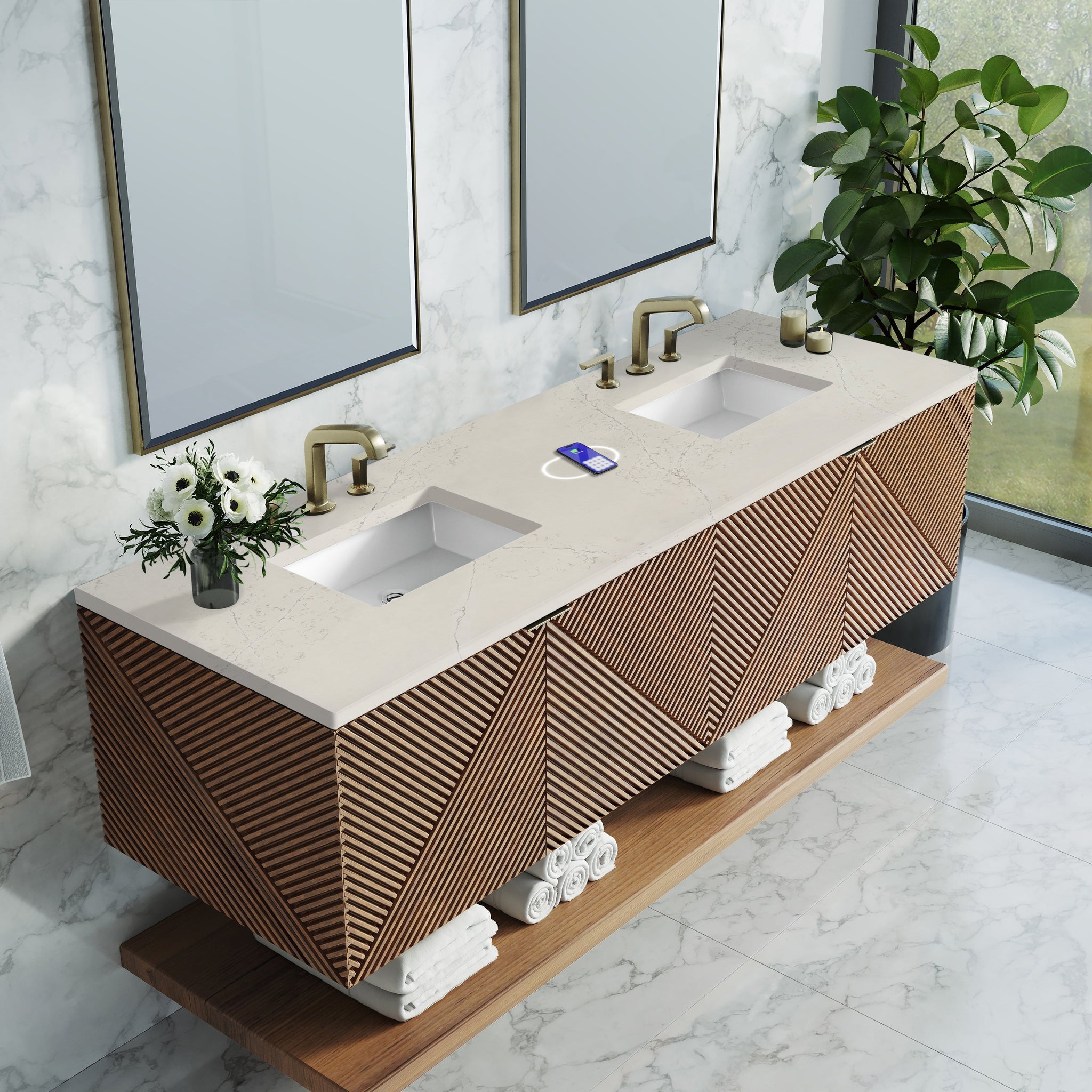 James Martin Marcello 72" Floating Double Bathroom Vanity, Chestnut with Siberian (FreePower) countertop