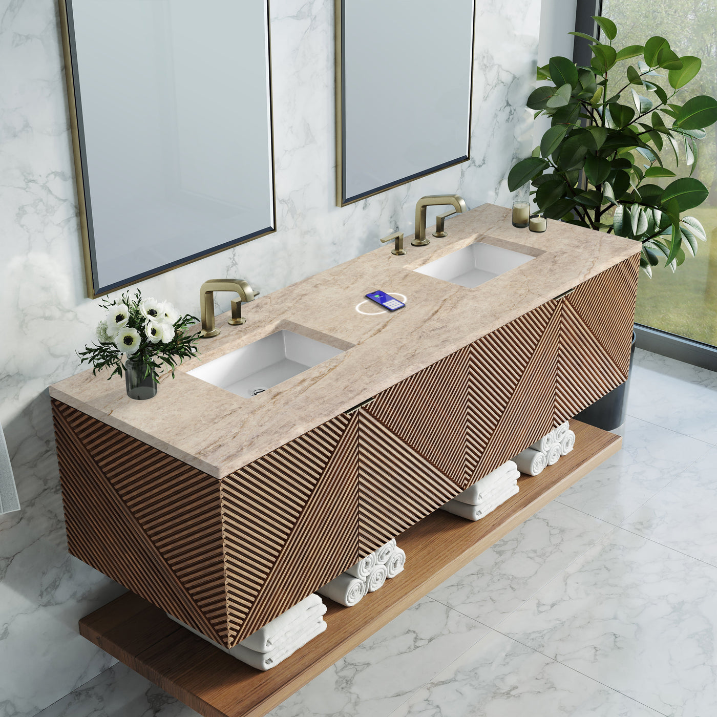 James Martin Marcello 72" Floating Double Bathroom Vanity, Chestnut with Tajnar (FreePower) countertop