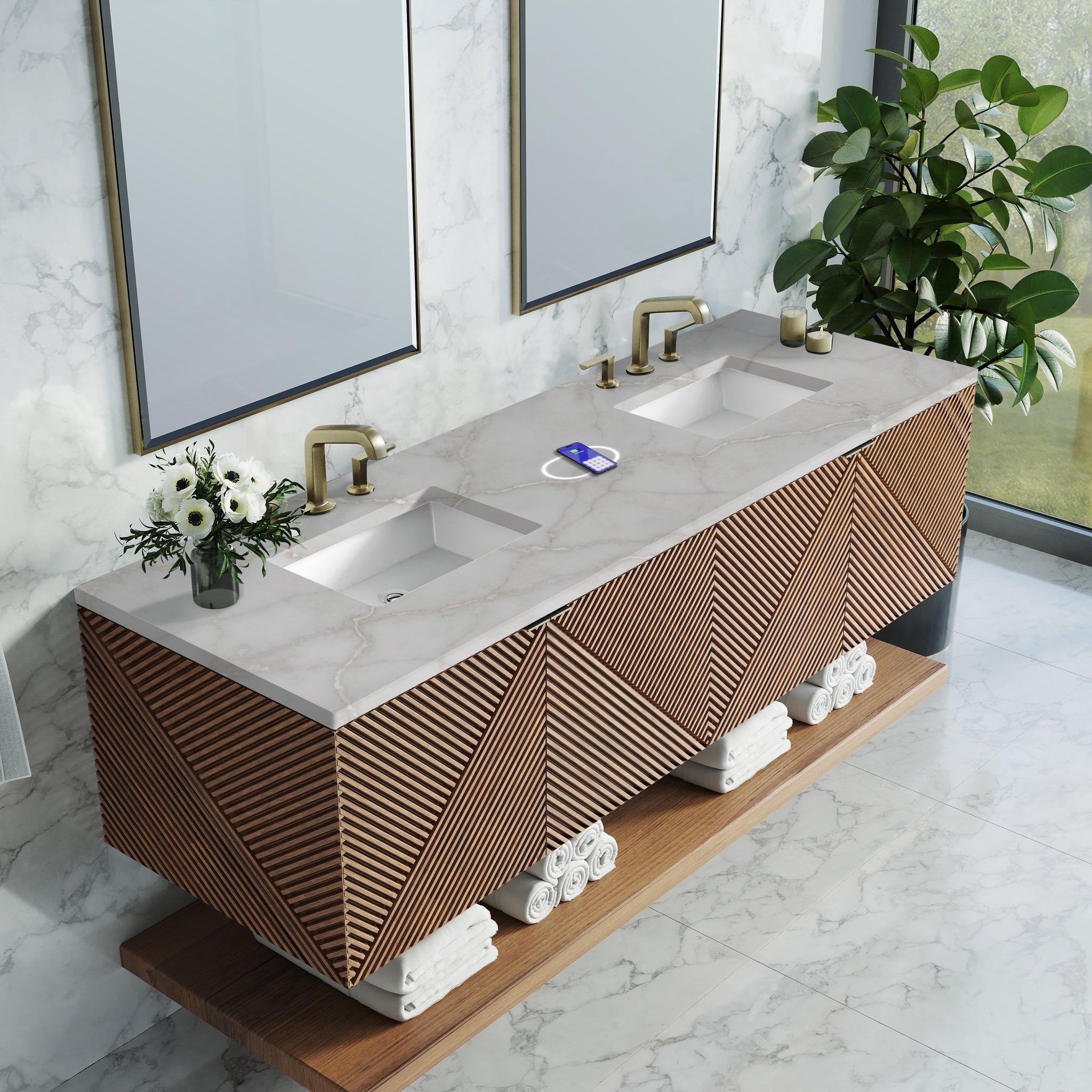 James Martin Marcello 72" Floating Double Bathroom Vanity, Chestnut with Victorian Silver (FreePower) countertop