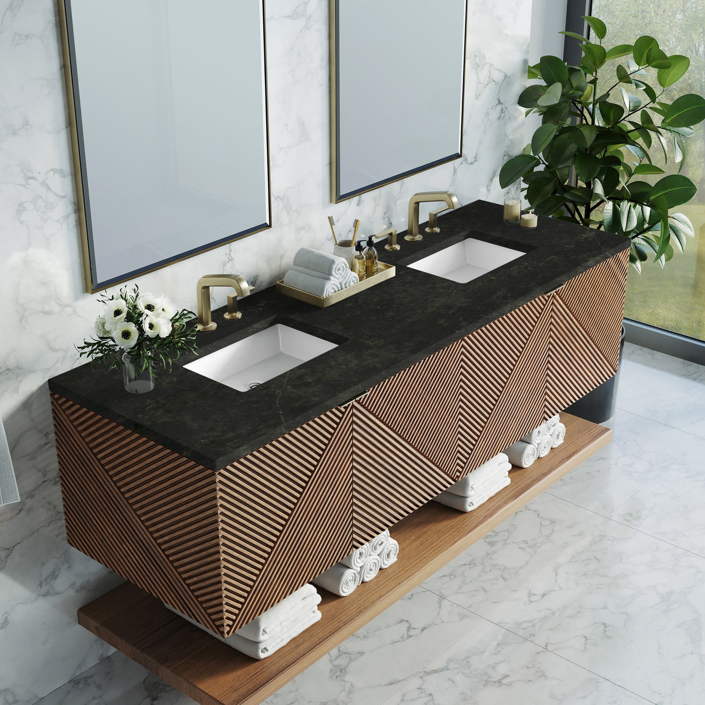 James Martin Marcello 72" Floating Double Bathroom Vanity, Chestnut with Phantome countertop