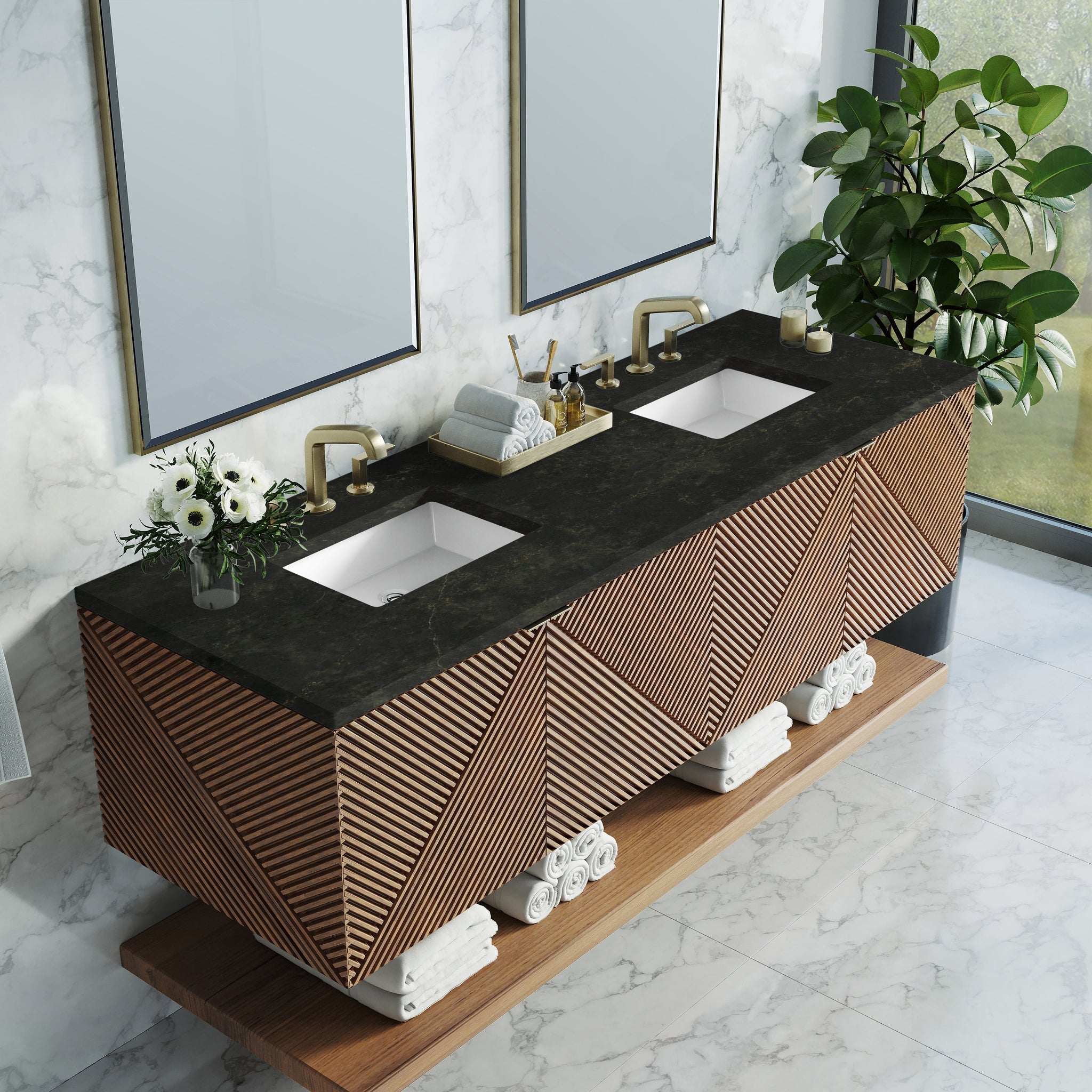 James Martin Marcello 72" Floating Double Bathroom Vanity, Chestnut with Phantome countertop