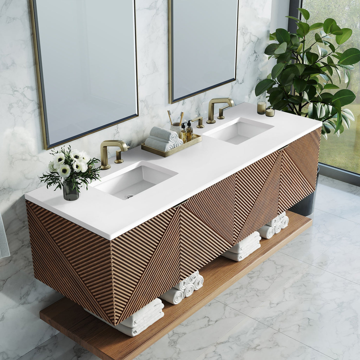James Martin Marcello 72" Floating Double Bathroom Vanity, Chestnut with White Zeus countertop
