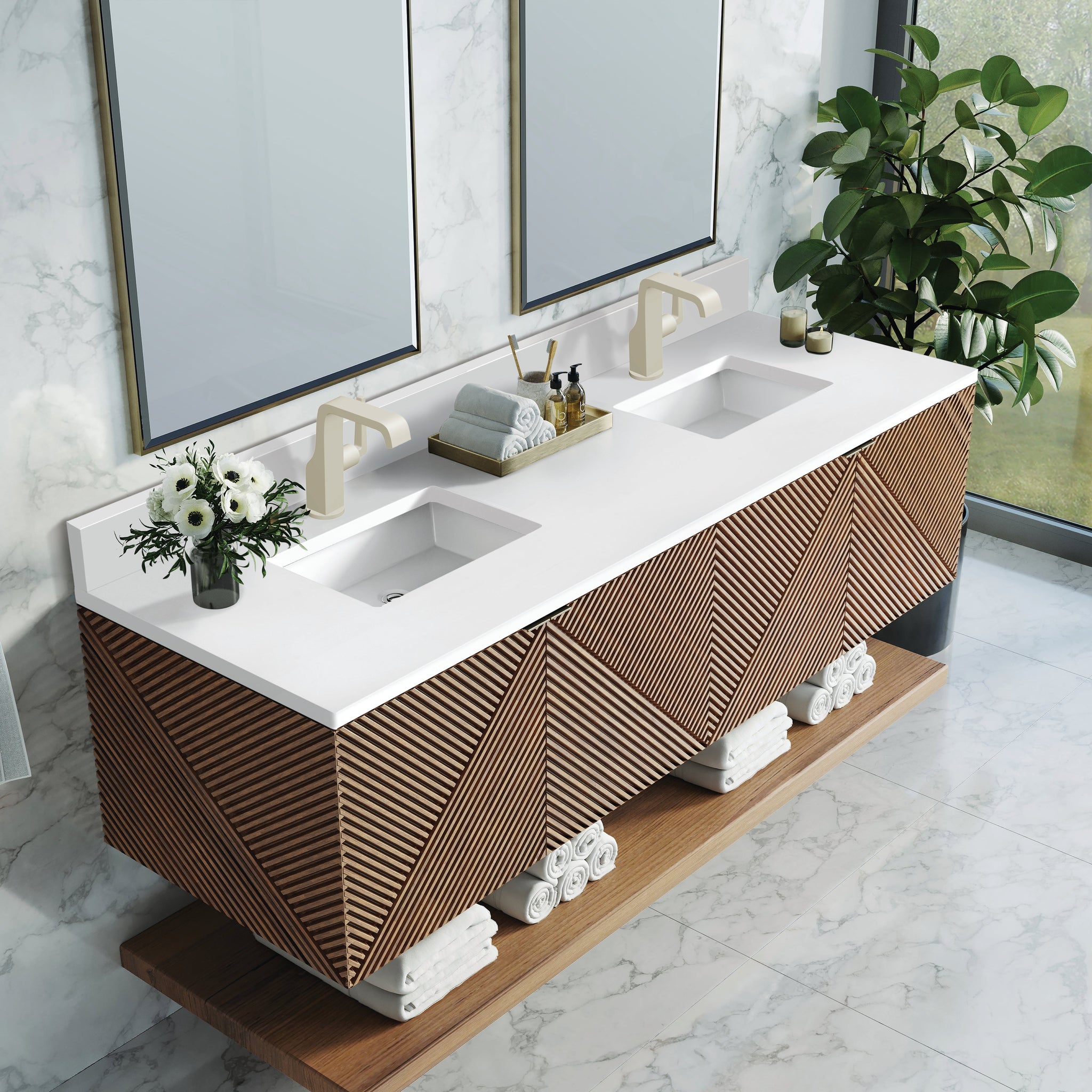 James Martin Marcello 72" Floating Double Bathroom Vanity, Chestnut with White Zeus (Single Hole, with Backsplash) countertop