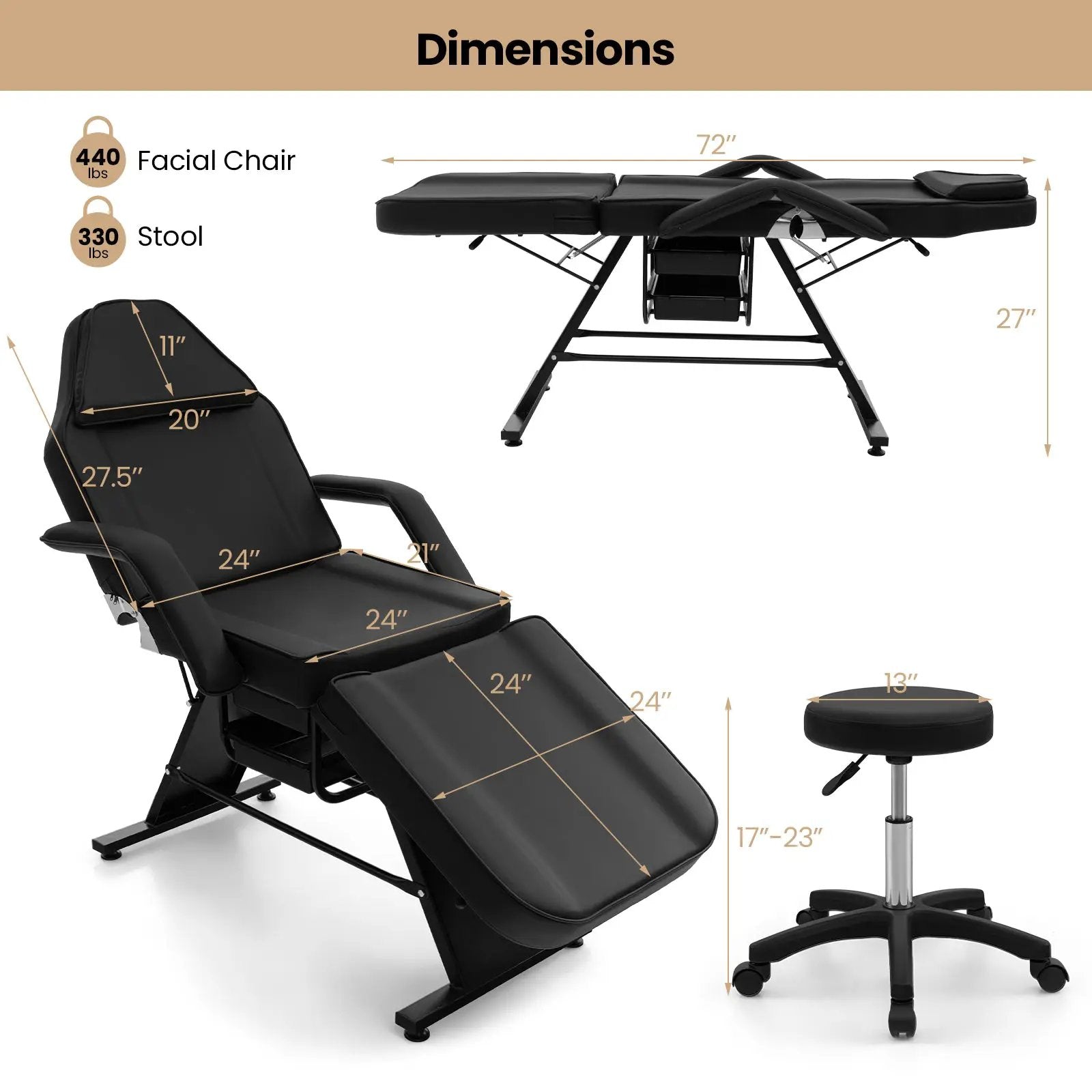 72 Inch Massage Bed with Hydraulic Stool Removable Headrest and Storage Boxes by DirectDeals