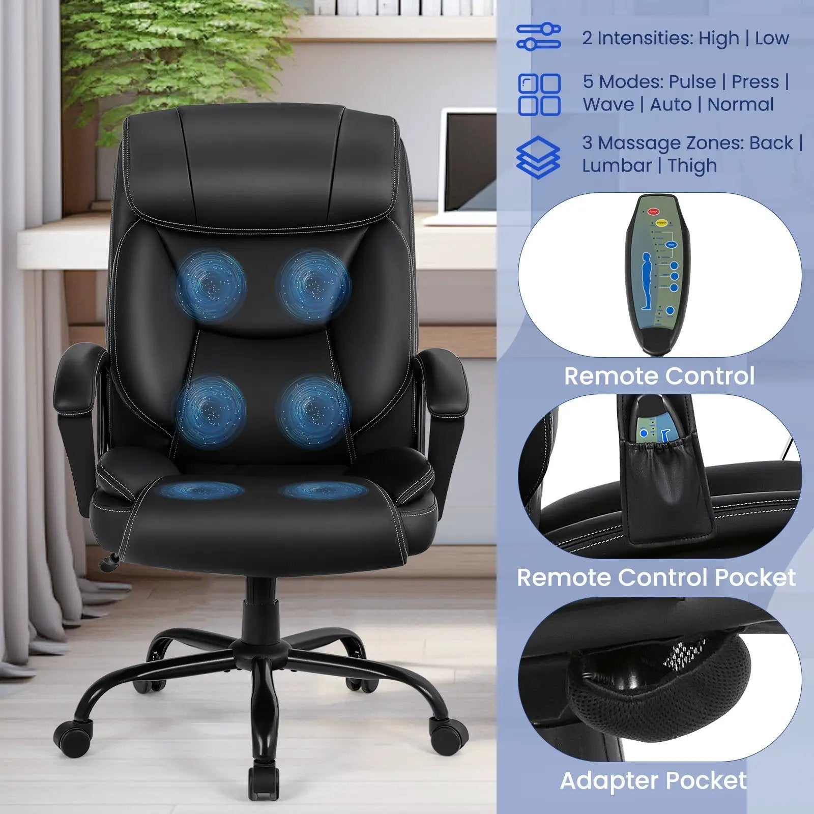 Massage Executive Office Chair with 6 Vibrating Points-Black by DirectDeals