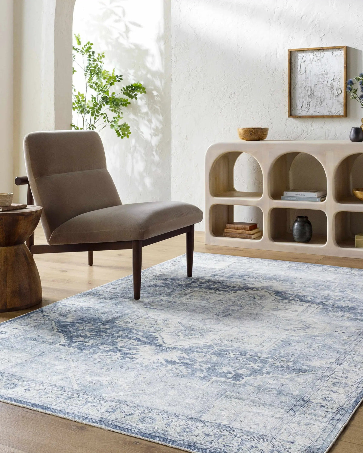 Mauro Navy Medallion Washable Area Rug - Clearance, installed in a room