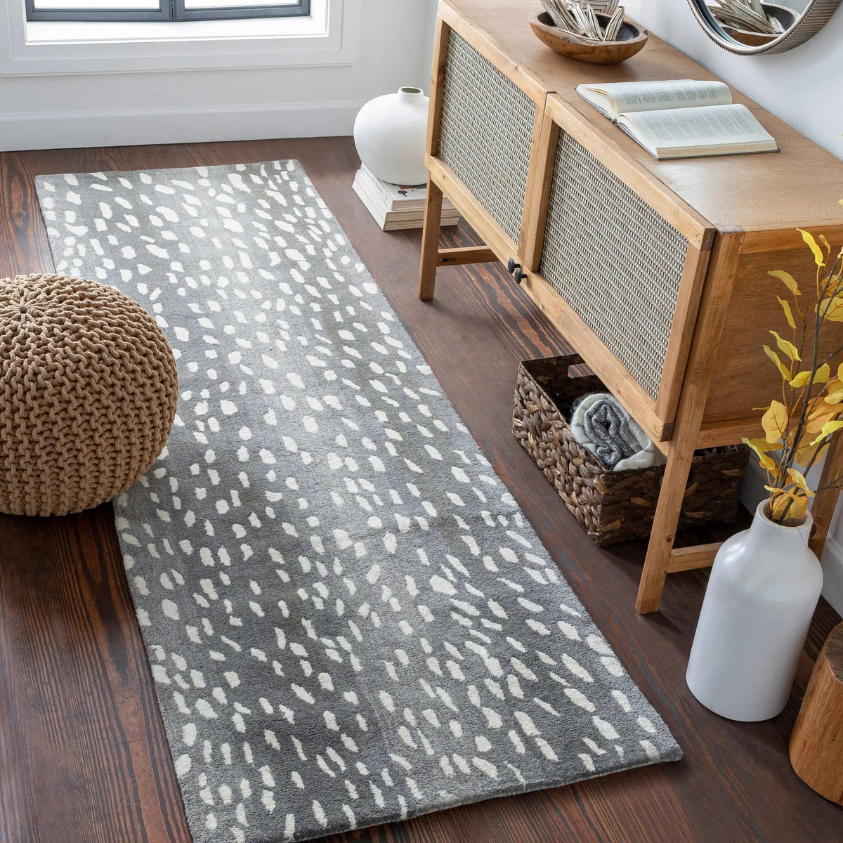 Athena Gray Giraffe Print Wool Rug, installed in a room 2