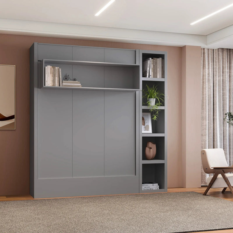 Easy-Lift Full Murphy Wall Bed in Grey with Bookshelf by Sharicks