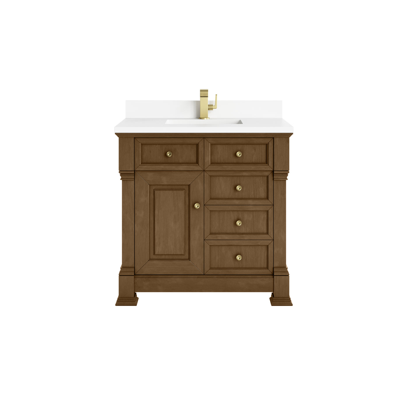 James Martin Brookfield 36" Single Bathroom Vanity, Honey Oak with White Zeus (Single Hole, with Backsplash) countertop