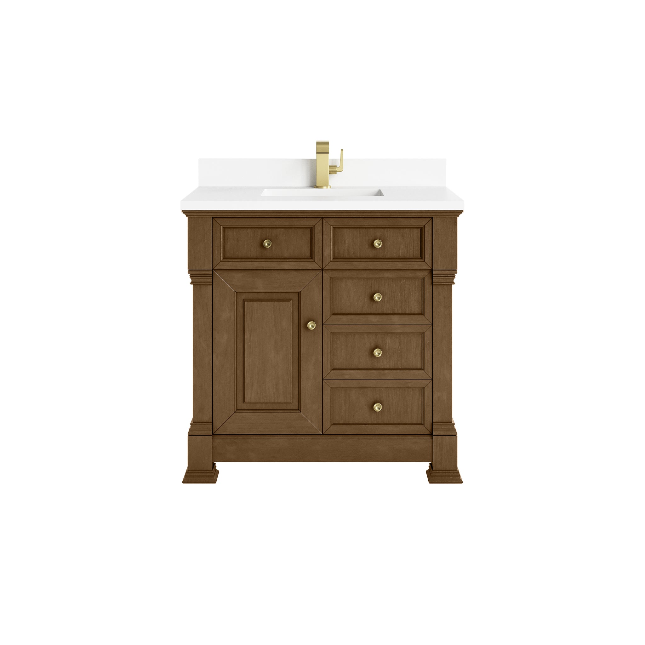 James Martin Brookfield 36" Single Bathroom Vanity, Honey Oak with White Zeus (Single Hole, with Backsplash) countertop