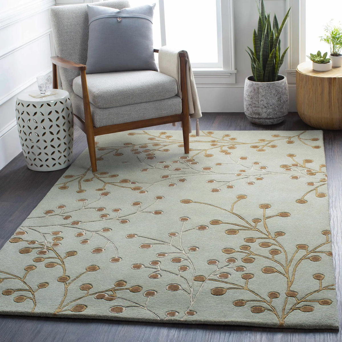 Sage Elsu Area Rug, installed in a room