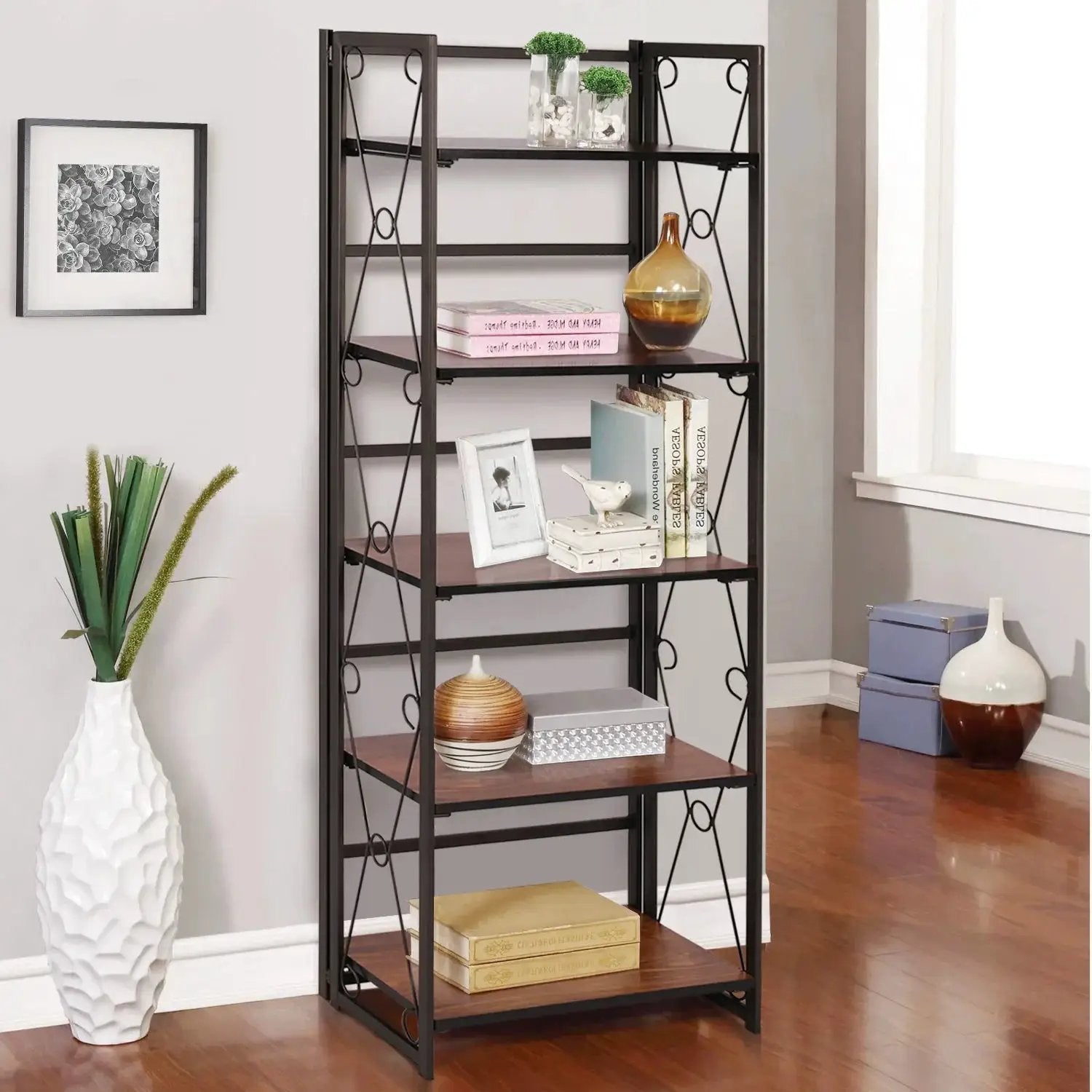 Metal 5 Shelf Folding Bookshelf Industrial Frame by House Of Avana