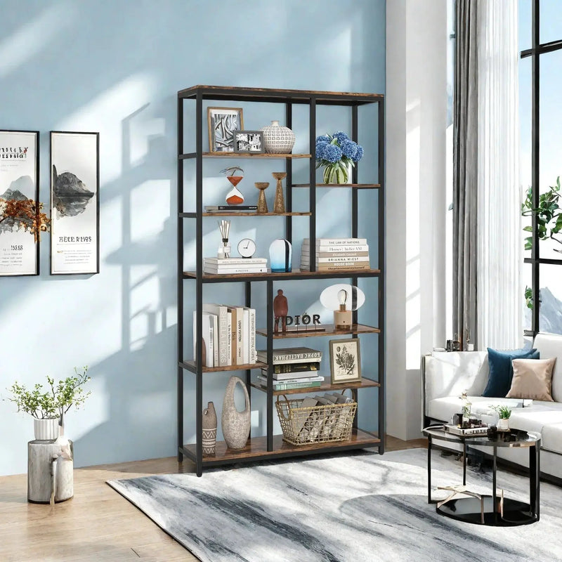 Metal 9-Tier Bookshelf - 79" Tall with Wood Shelves, Natural Wood and Black by House Of Avana