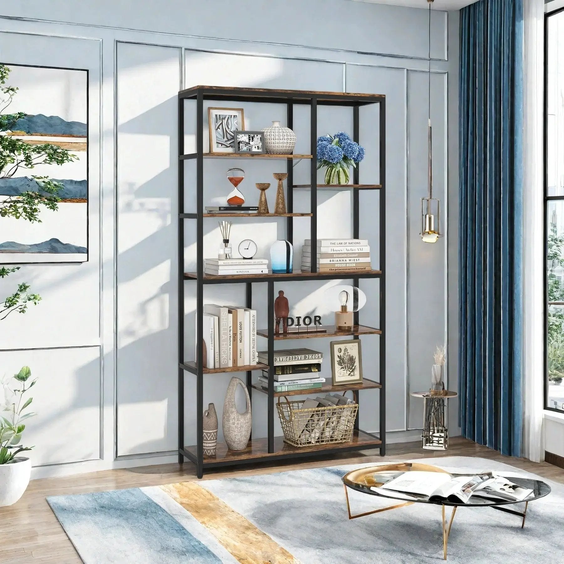 Metal 9-Tier Bookshelf - 79" Tall with Wood Shelves, Natural Wood and Black by House Of Avana