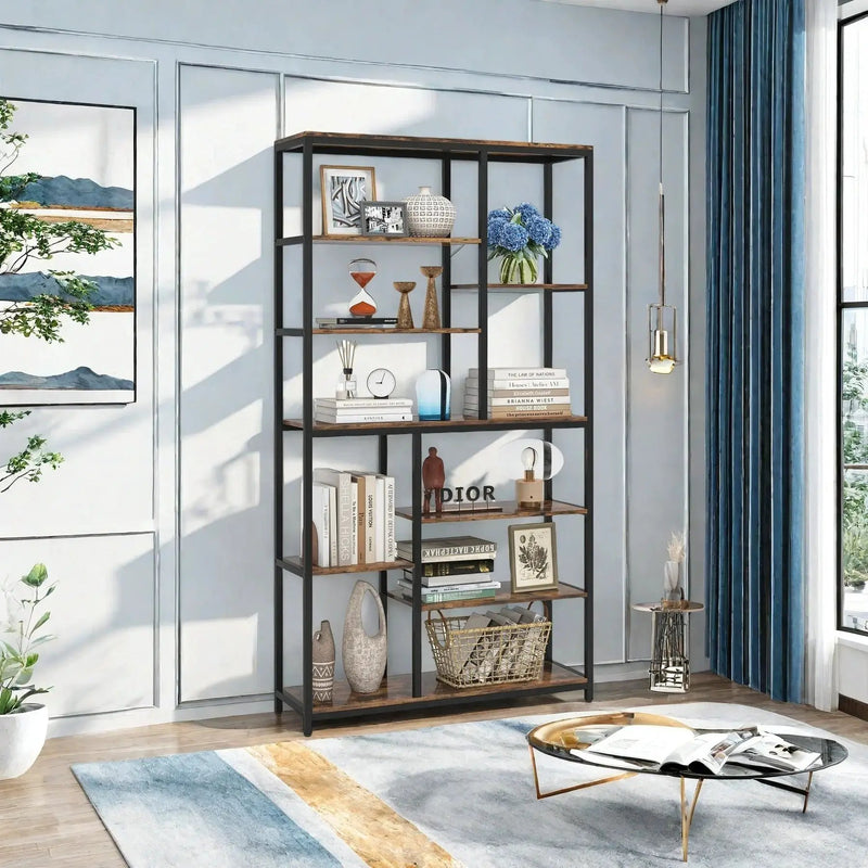 Metal 9-Tier Bookshelf - 79" Tall with Wood Shelves, Natural Wood and Black by House Of Avana