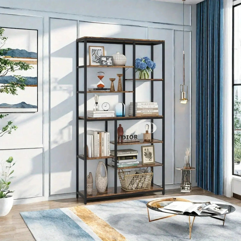 Metal 9-Tier Bookshelf - 79" Tall with Wood Shelves, Natural Wood and Black by House Of Avana
