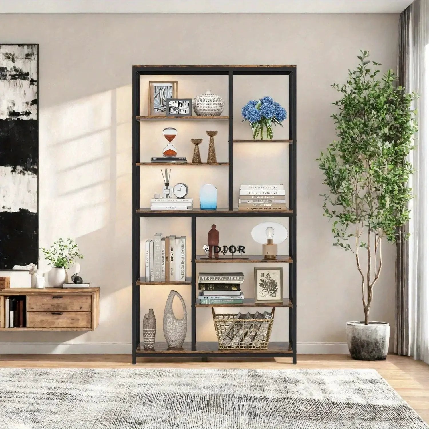 Metal 9-Tier Bookshelf - 79" Tall with Wood Shelves, Natural Wood and Black by House Of Avana