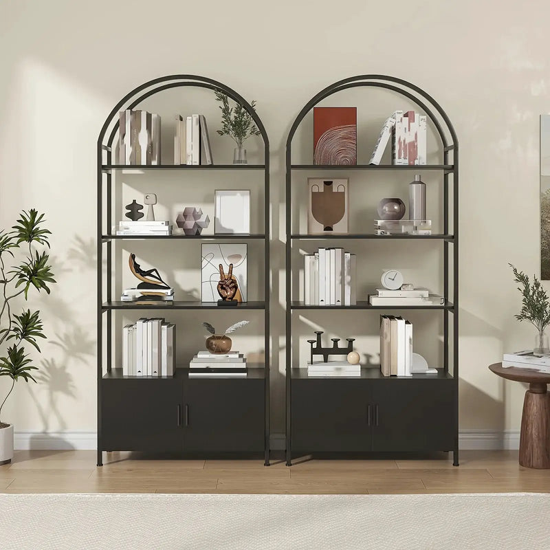 Metal Arched Bookshelf with Doors - 71" Freestanding Display Shelving Unit by House Of Avana