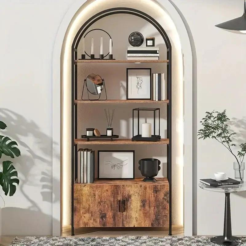 Metal Arched Bookshelf with Doors - 71" Freestanding Display Shelving Unit by House Of Avana