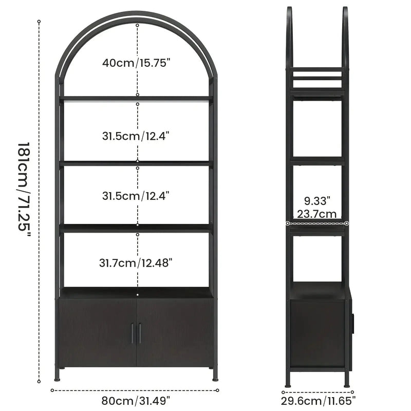 Metal Arched Bookshelf with Doors - 71" Freestanding Display Shelving Unit by House Of Avana