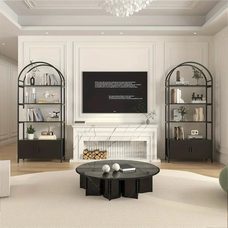 Metal Arched Bookshelf with Doors - 71" Freestanding Display Shelving Unit by House Of Avana