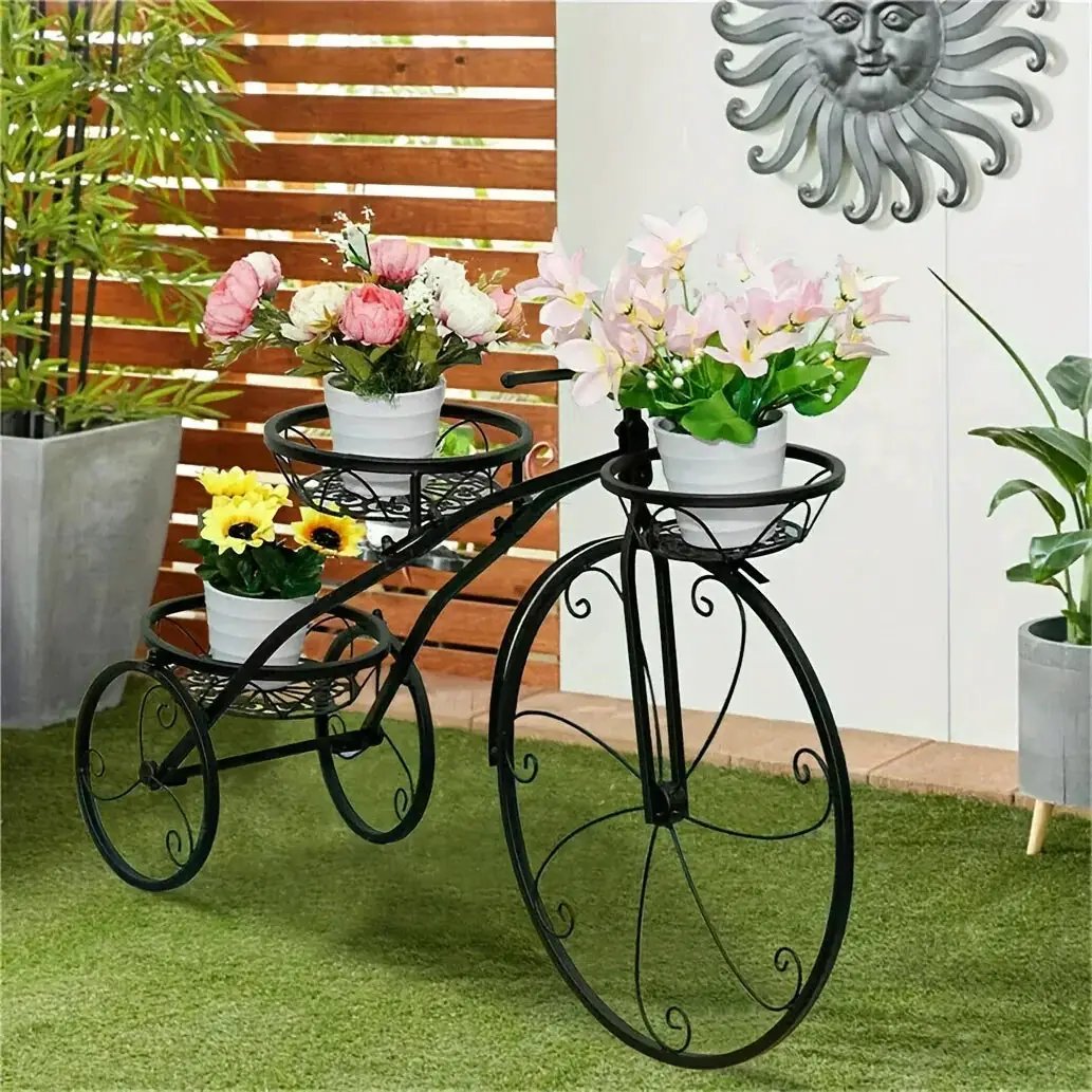 Metal Bicycle Planter 3 Tier Tricycle Flower Plant Stand Parisian Style Flower Display Stand Cart For Home Decor Patio Garden Flower Shop Indoor Outdoor by House Of Avana
