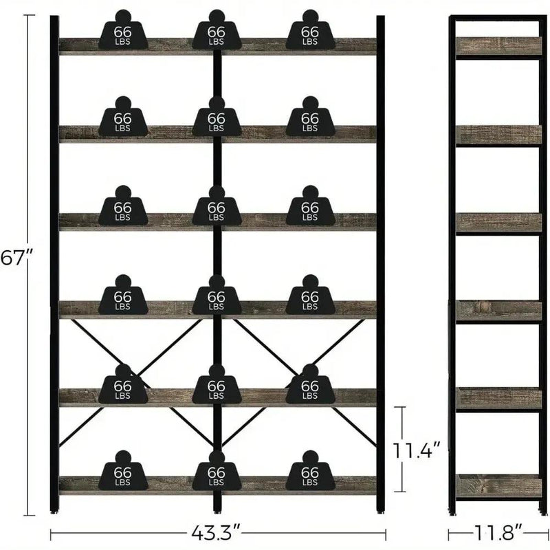 Metal Bookcase - 6-Tier Grey Storage Unit with Hooks, 43.3" Wide by House Of Avana
