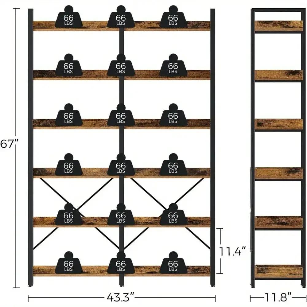 Metal Bookcase - 6-Tier Grey Storage Unit with Hooks, 43.3" Wide by House Of Avana