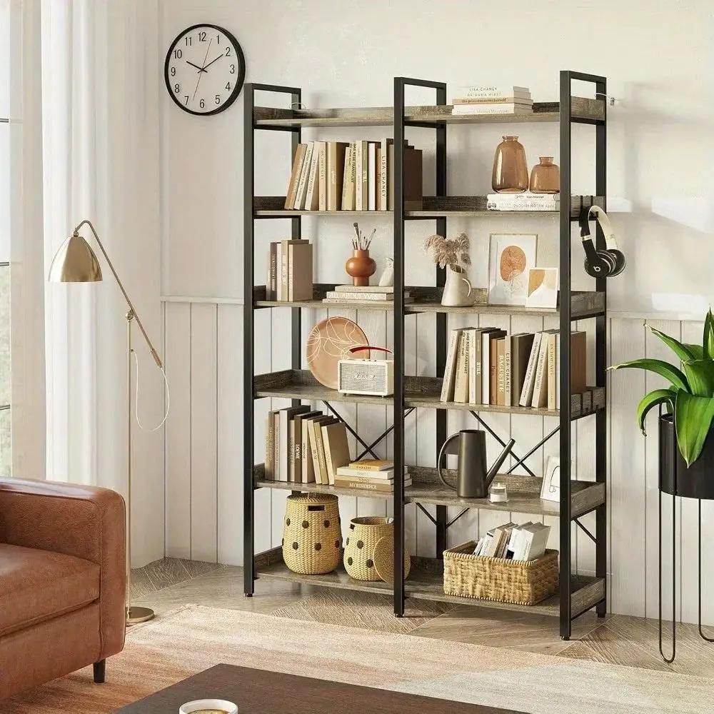 Metal Bookcase - 6-Tier Grey Storage Unit with Hooks, 43.3" Wide by House Of Avana